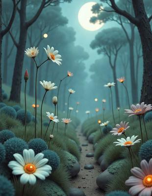 The primary subject of the image is a beautifully illustrated scene of a path surrounded by flowers. The setting is a forest with trees in the background. The visual style is a combination of photo and digital art, creating a vibrant and lively atmosphere. The colors are predominantly white and pink, with the flowers adding a touch of yellow. The overall mood is one of serenity and natural beauty.